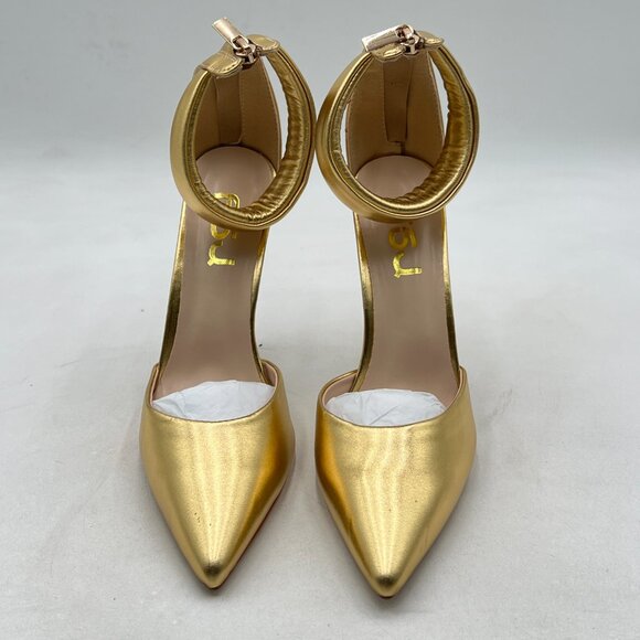 FSJ Gold Pointy Toe Stiletto Heels Evening Ankle Strap Zip Pumps - Picture 3 of 8